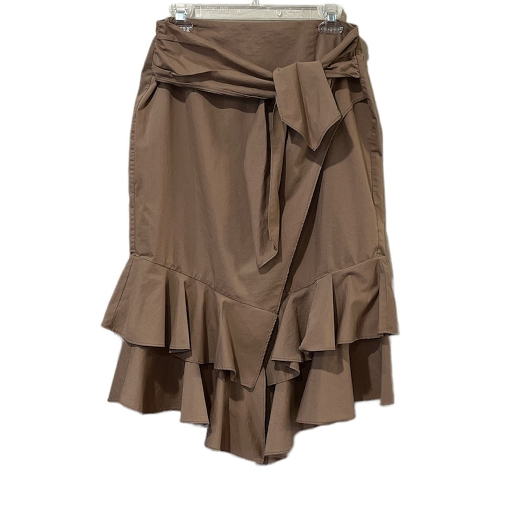Worthington faux wrap skirt size 8 light brown ties in front double flounce